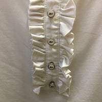 SS Polo Show Shirt, ruffle front, elastic bottom *gc, dingy, seam puckers, folded ruffles