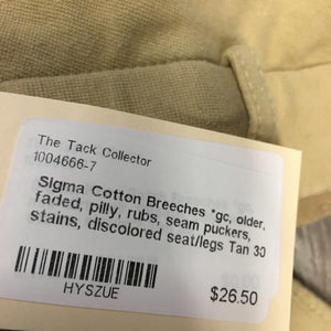 Cotton Breeches *gc, older, faded, pilly, rubs, seam puckers, stains, discolored seat/legs
