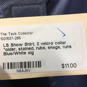 LS Show Shirt, 2 velcro collar *older, stained, rubs, snags, runs