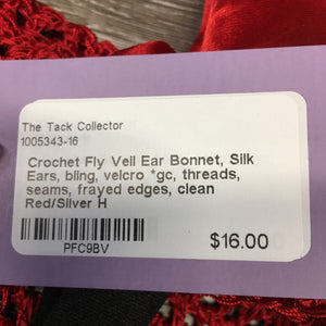 Crochet Fly Veil Ear Bonnet, Silk Ears, bling, velcro *gc, threads, seams, frayed edges, clean