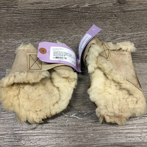 Pr Sheepskin Hind Boots, velcro *older, v.dirty, stains, stretched, scrapes/scuffs