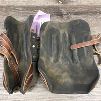 Pr Open Leather Front Boots, Buckles *older, scraped, v.curled/rubbed edges, gc, dirty, stained, dry, scuffs