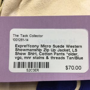 Micro Suede Western Showmanship Zip Up Jacket, LS Show Shirt, Cotton Pants *older, vgc, mnr stains & threads