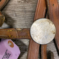 Flat Leather Headstall, adj crown *older, dirty, chewed edges, stains, dirty, mnr undone stitching