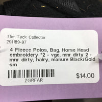 4 Fleece Polos, Bag, Horse Head embroidery *2 - vgc, mnr dirty 2 - mnr dirty, hairy, manure
