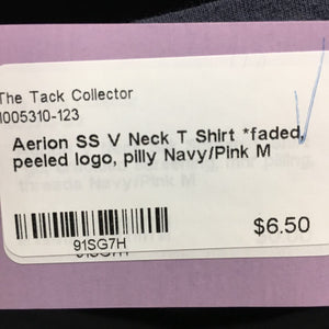 SS V Neck T Shirt *faded, peeled logo, pilly