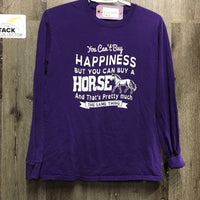 LS T Shirt "You Can't Buy Happiness..." *gc, wrinkled, stretched armpit seams, mnr hair, cracking text
