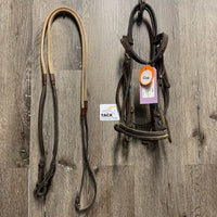 Thick Bridle, Rubber Reins, (L.Pony) Chain Nose & Brow, Horse Cheeks *older, broken chain, v.dry, stiff, dirty, mismatched, rough