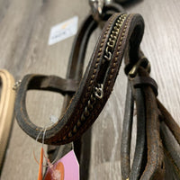 Thick Bridle, Rubber Reins, (L.Pony) Chain Nose & Brow, Horse Cheeks *older, broken chain, v.dry, stiff, dirty, mismatched, rough
