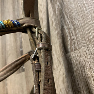 Bridle, Beaded Browband *0 Noseband, v.dirty, mold?, v.stiff, v.tight keepers, loose beads