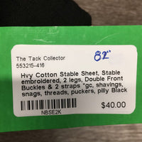 Hvy Cotton Stable Sheet, Stable embroidered, 2 legs, Double Front Buckles & 2 straps *gc, shavings, snags, threads, puckers, pilly