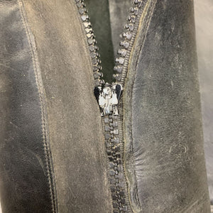 Leather Half Chaps *fair, dirt, button rubs, faded, BROKEN Zipper, stretched elastic, wavy/bent zipper