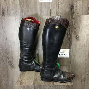 Pr Field Boots, Zips, Gold Plastic Forms, Hvy Navy Bag, Alligator toes & tops, brush, shine sponge, sheepskin *vgc, older, dirt, rubs, scratches