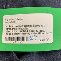 Denim Euroseat Breeches *gc, clean, discolored/rubbed seat & legs, faded, hairy velcro, older