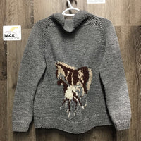 Hvy Soft Wool Sweater, horse print, Zipper *vgc, pilly, threads, mnr rubs, loose ends, curled pockets
