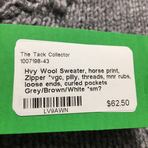 Hvy Soft Wool Sweater, horse print, Zipper *vgc, pilly, threads, mnr rubs, loose ends, curled pockets