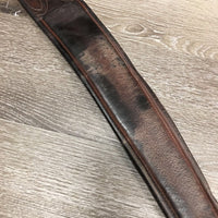 Thick Padded Leather Girth, Center D Ring, 1x els *older, creased, dirty, undone/curled ends, thin/rubbed elastic, discolored/faded