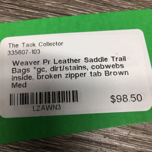 Pr Leather Saddle Trail Bags *gc, dirt/stains, cobwebs inside, broken zipper tab