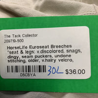 Euroseat Breeches *seat & legs: v.discolored, snags, dingy, seam puckers, undone stitching, older, v.hairy velcro, pilly/rubs