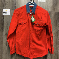 JUNIOR BOYS LS Western Hvy Cotton & Denim Shirt, Buttons *vgc, older, seam puckers, loose hole threads
