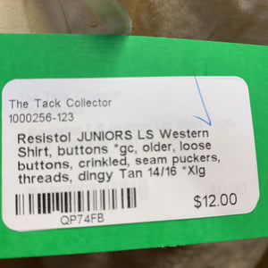 JUNIORS LS Western Shirt, buttons *gc, older, loose buttons, crinkled, seam puckers, threads, dingy