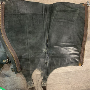 Pr Hvy Suede Half Chaps, Back Zip *gc, faded, scratches, threads, repaired/undone stitching, loose/breaking teeth