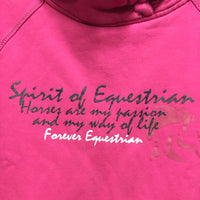 LS Hvy Sweatshirt, Button High Neck, front zips "Spirit of Equestrian" *gc, faded, seam puckers
