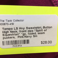 LS Hvy Sweatshirt, Button High Neck, front zips "Spirit of Equestrian" *gc, faded, seam puckers