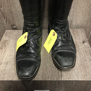Pr Field Boots,Zips, 2 gold forms *gc, L: Broken Snap R: Broken Zip, broken snap, creased, dirt, older, creased, scraped/faded toes, rundown heels