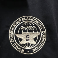 MENS SS Button Up Shirt "World Championship Blacksmiths" *gc, hairy, older, seam puckers, linty
