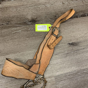 Wide Tooled Leather Cow Show Halter, 20" Nose Chain & Leather Lead Shank *older, v.stiff, v.dirty, stains, rust, curled end, gc