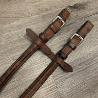 Thick Hvy Rsd Leather & Cotton Rubber Web Reins, buckles *gc, rubs, dirty, faded, stains, stiff
