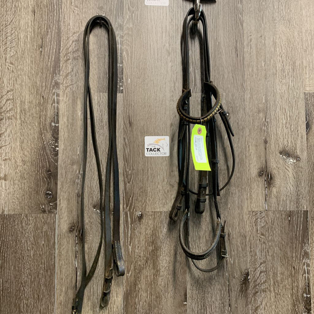 Bridle, Clincher Browband, Drop Noseband, Plain Reins *older, gc, clean, loose keepers, rough back, scraped edges, scratches