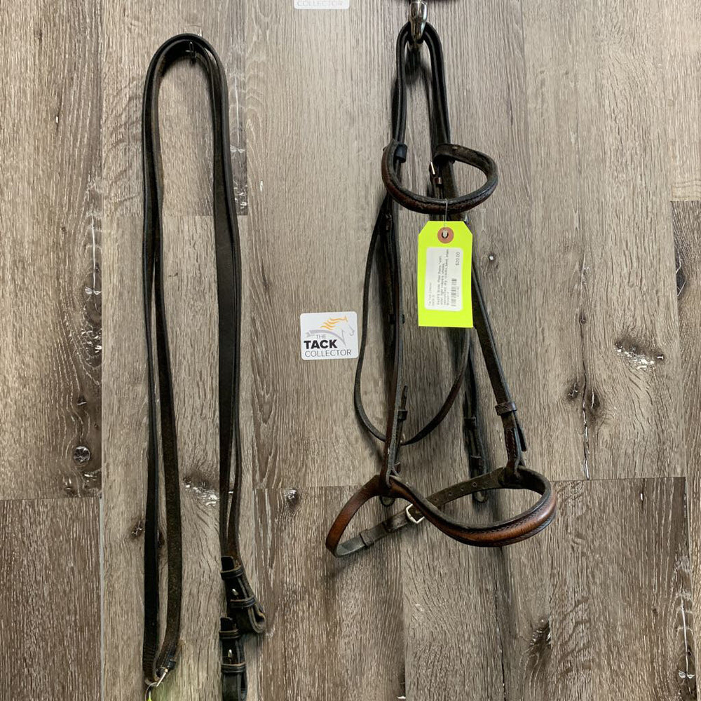 Rsd/FS Bridle, Plain Reins *stiff, older, tight keepers, xholes, mismatched, dry, cracks, bent, stain