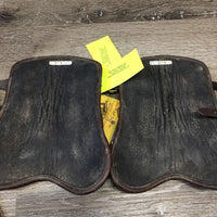 Pr Open Front Leather Boots, buckles *older, clean outside, film, hairy/dirty inside, gc, scrapes, stains, gc, discolored, holey lining

