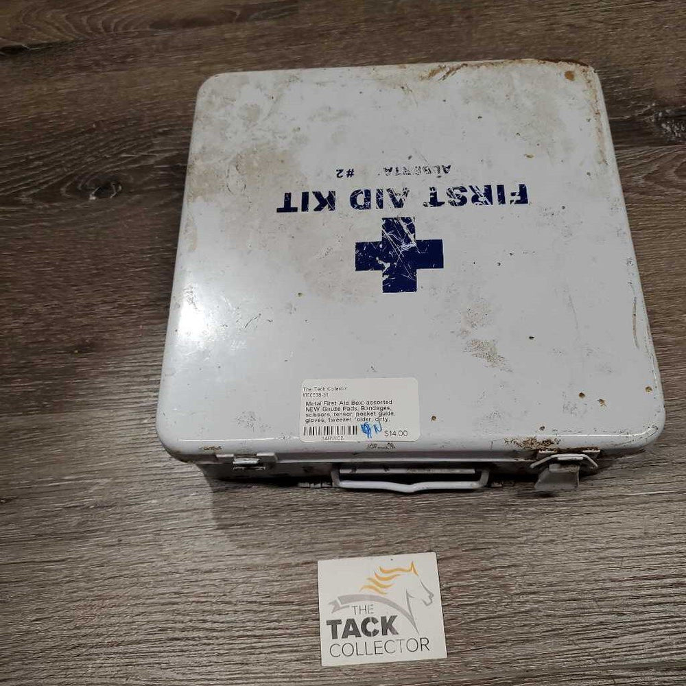 Metal First Aid Box: assorted NEW Gauze Pads, Bandages, scissors, tensor, pocket guide, gloves, tweezer *older, dirty, scratches, rust, broken clasp