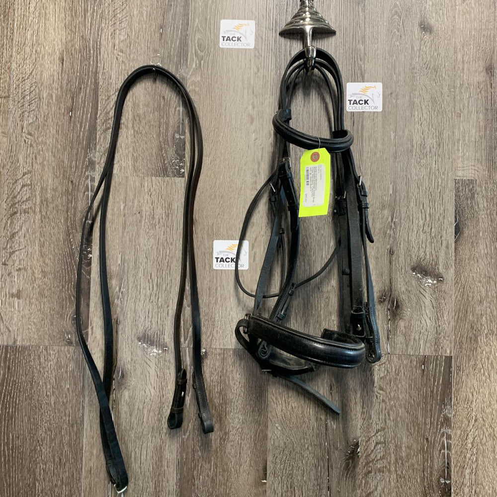 Monocrown Rsd/Padded Dressage Double Bridle, Crank, Plain Reins *v.dirty/film, stiff, gc, xholes