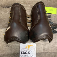 Pr Open Front Padded Leather Boots, tabs *v.cracked straps, faded/stretched elastic, curled bottom edge, older
