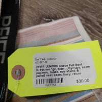 JUNIORS Suede Full Seat Breeches *gc, older, pilly/rubs, seam puckers, faded, mnr stains & pulled seat seam, hairy velcro
