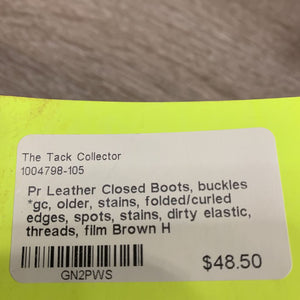 Pr Leather Closed Boots, buckles *gc, older, stains, folded/curled edges, spots, stains, dirty elastic, threads, film