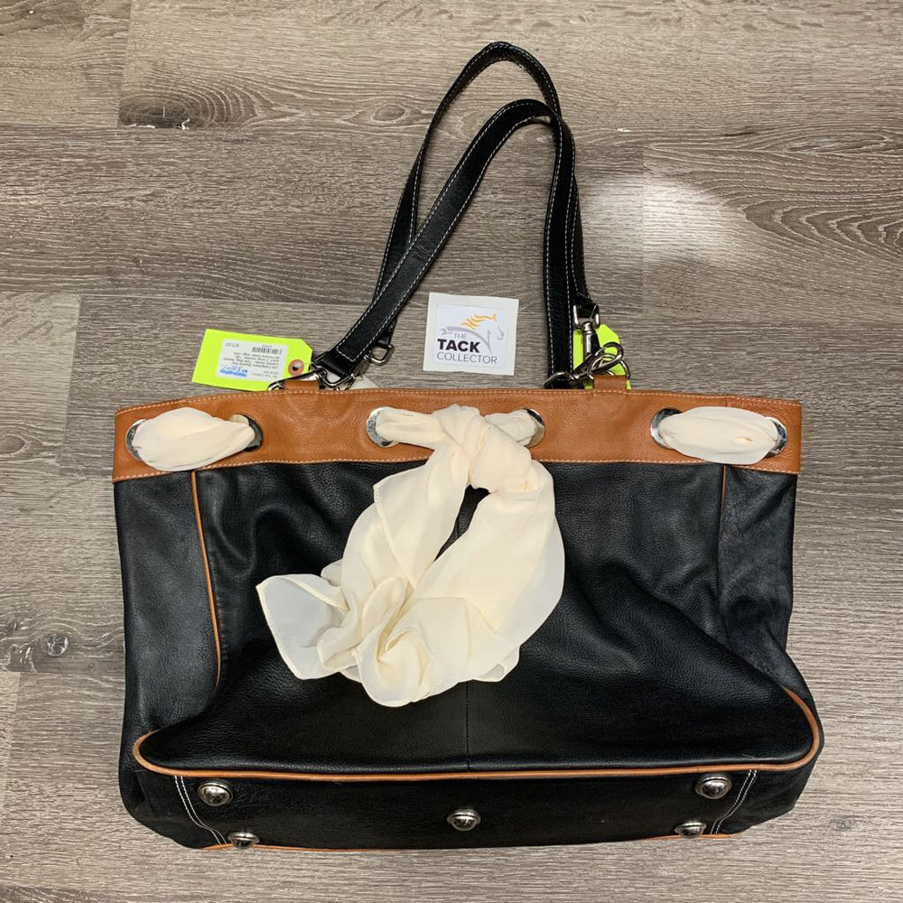 Hvy Leather Purse - Tote Bag, looped scarf, 2 snap handles *vgc, dirt?stains inside, edge rubs, broken/missing piping, mnr stitching frays, older