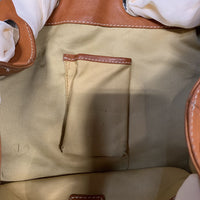 Hvy Leather Purse - Tote Bag, looped scarf, 2 snap handles *vgc, dirt?stains inside, edge rubs, broken/missing piping, mnr stitching frays, older
