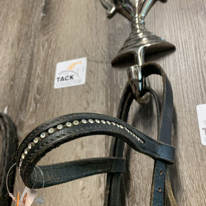 Bridle, Braided Reins, Bling *gc, stiff, dry, v.dirty, loose bling, v.scraped edges, crinkled/creases
