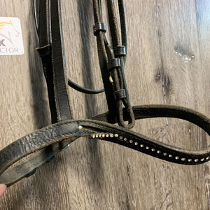 Bridle, Braided Reins, Bling *gc, stiff, dry, v.dirty, loose bling, v.scraped edges, crinkled/creases