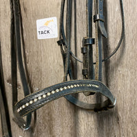 Bridle, Braided Reins, Bling *gc, stiff, dry, v.dirty, loose bling, v.scraped edges, crinkled/creases