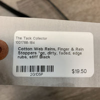 Cotton Web Reins, Finger & Rein Stoppers *gc, dirty, faded, edge rubs, stiff
