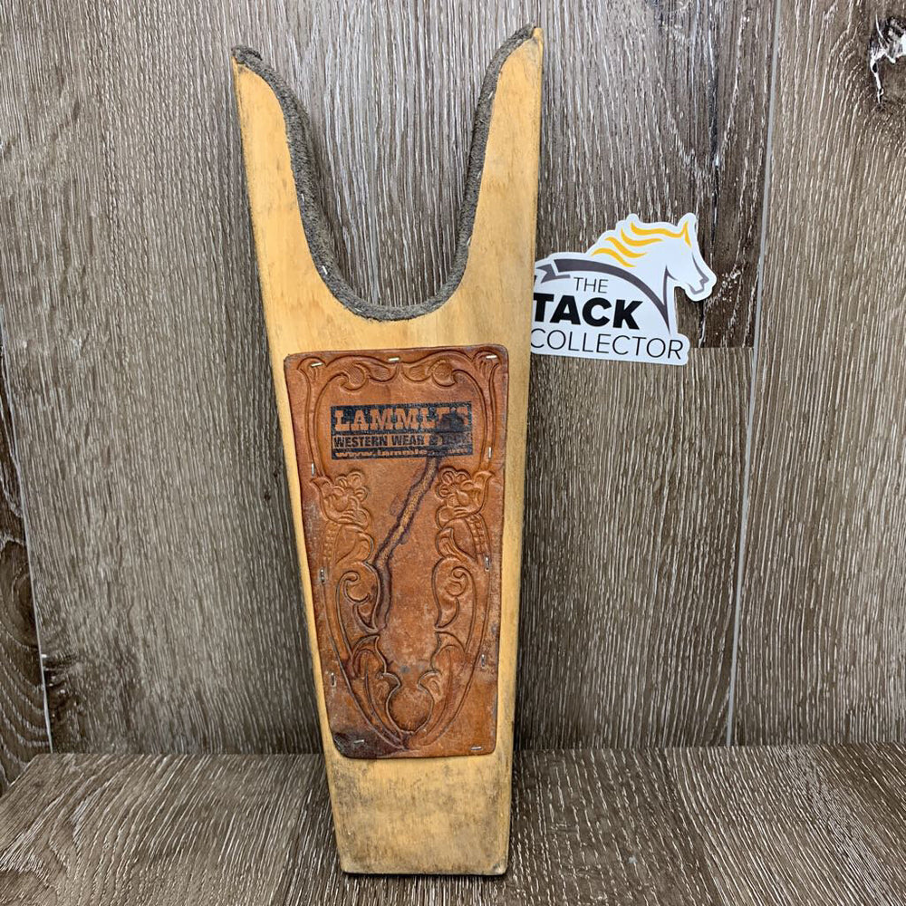Wood & Tooled Leather Boot Jack *gc, older, rubs, stains, faded, dirty, curled/split edges