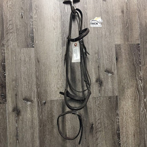 FS Bridle, flash *NO CHEEKS, CRACKED noseband, fair, broken keepers, taped, v.stiff, dry, xholes, gc, dirty, scrapes, name tag