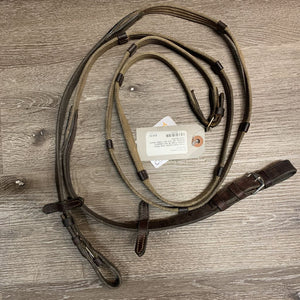 Thick Wide Cotton Web Reins, leather finger & rein stoppers, buckles *gc, mnr dirt, faded, stains, twist