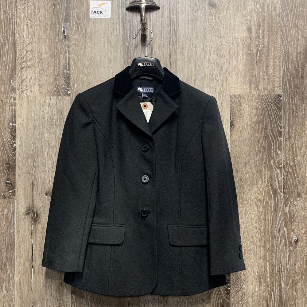 JUNIORS Dressage Show Jacket, velvet collar, black plastic garment bag *vgc, older, thin/rubbed collar edges